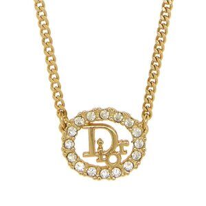 Authentic Christian Dior Vintage Rhinestone Crystal Round Necklace Gold Plated